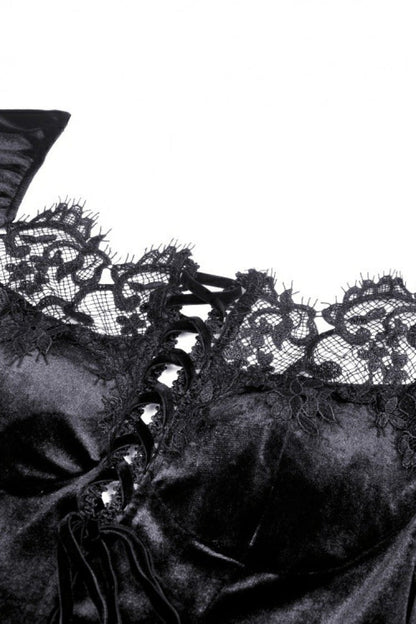 Black Long Puff Sleeves Spliced Lace Lace-Up Women's Gothic Vintage Velvet Wedding Dress