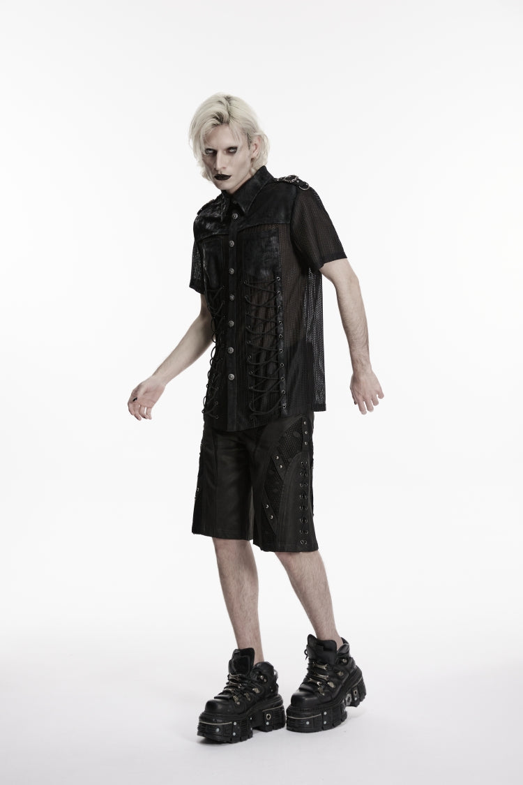 Black Lapel Collar Short Sleeves Spliced Lace-Up Sheer Mesh Eyelet Men's Punk Handsome Shirt
