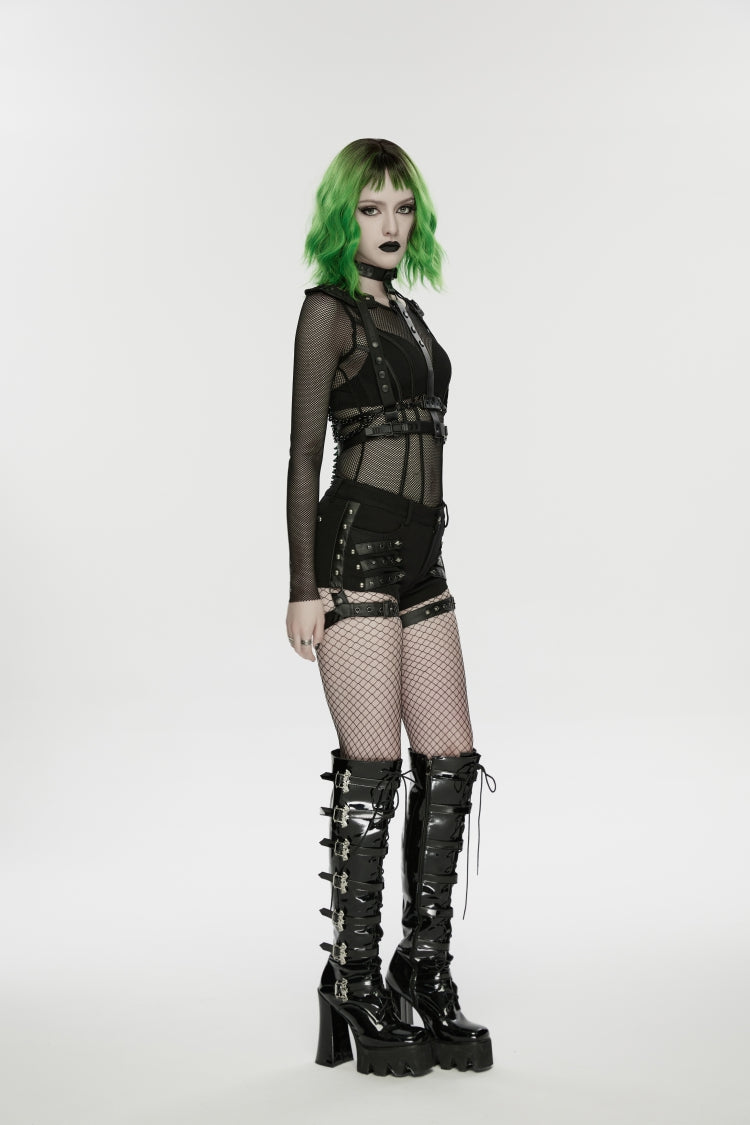Black  Studded Women's Punk Shorts with Detachable Leg Harnesses