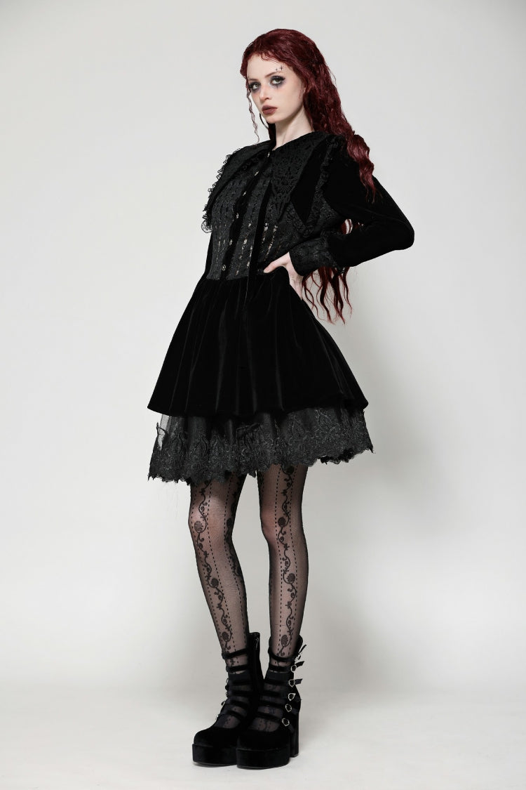 Black Long Sleeves Lace Women's Gothic Velvet Short Dress
