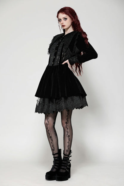 Black Long Sleeves Lace Women's Gothic Velvet Short Dress