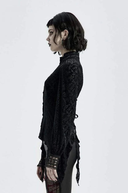Black High Collar Long Sleeves Floral Print Hollow Stitching Irregular Hem Womens Gothic Blouse