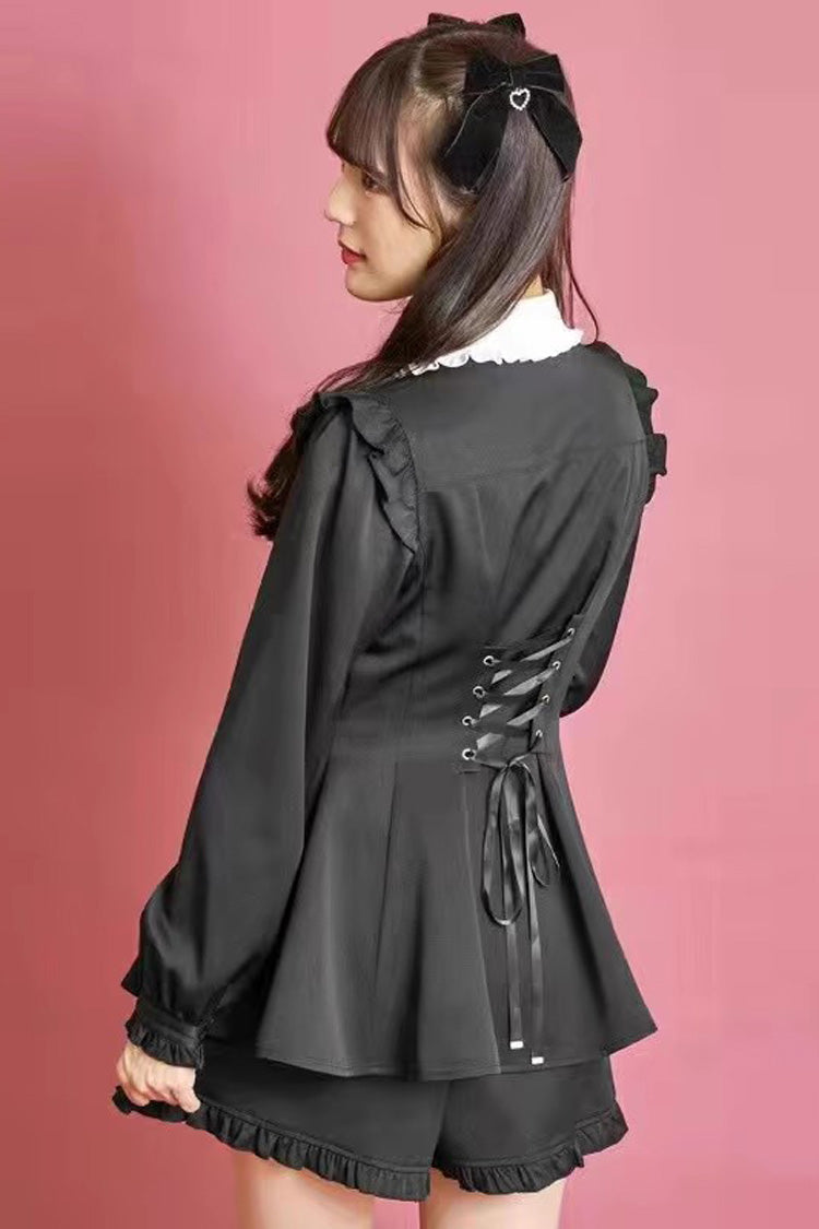 Black Long Sleeves Kuromi Embroidery Bowknot Jirai Kei Japanese Dress Shorts Set