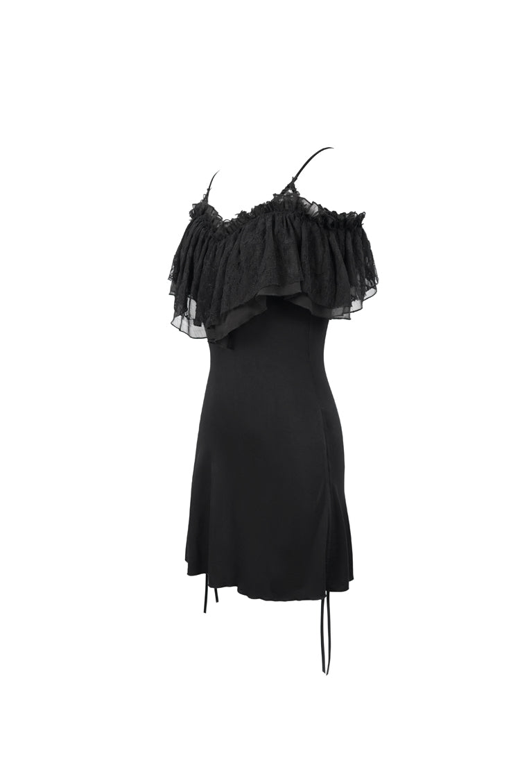 Black Lace Up Off Shoulder Chest Frilly Side Women's Punk T-Shirt