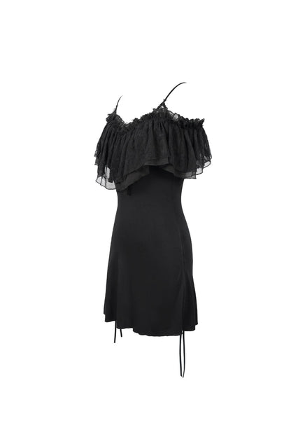 Black Lace Up Off Shoulder Chest Frilly Side Women's Punk T-Shirt