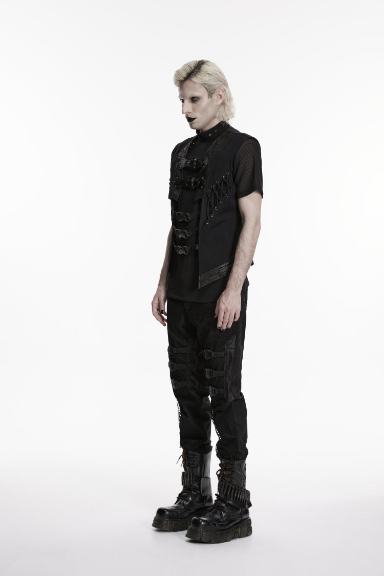 Black Cut-Out Lace-Up Slim Mesh Buckled Eyelet Men's Punk Handsome Vest