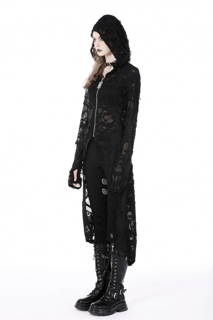 Black Long Sleeves Split Ripped Zippered Women's Punk Long Coat with Hood