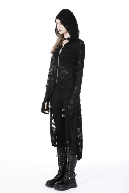 Black Long Sleeves Split Ripped Zippered Women's Punk Long Coat with Hood