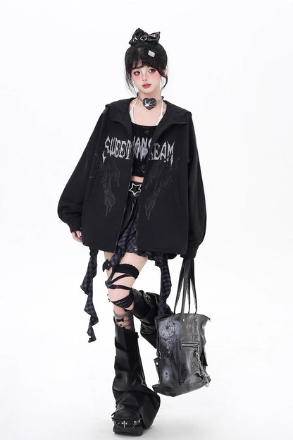 Black Long Sleeves Print Zipper Gothic Loose Jirai Kei Coat
