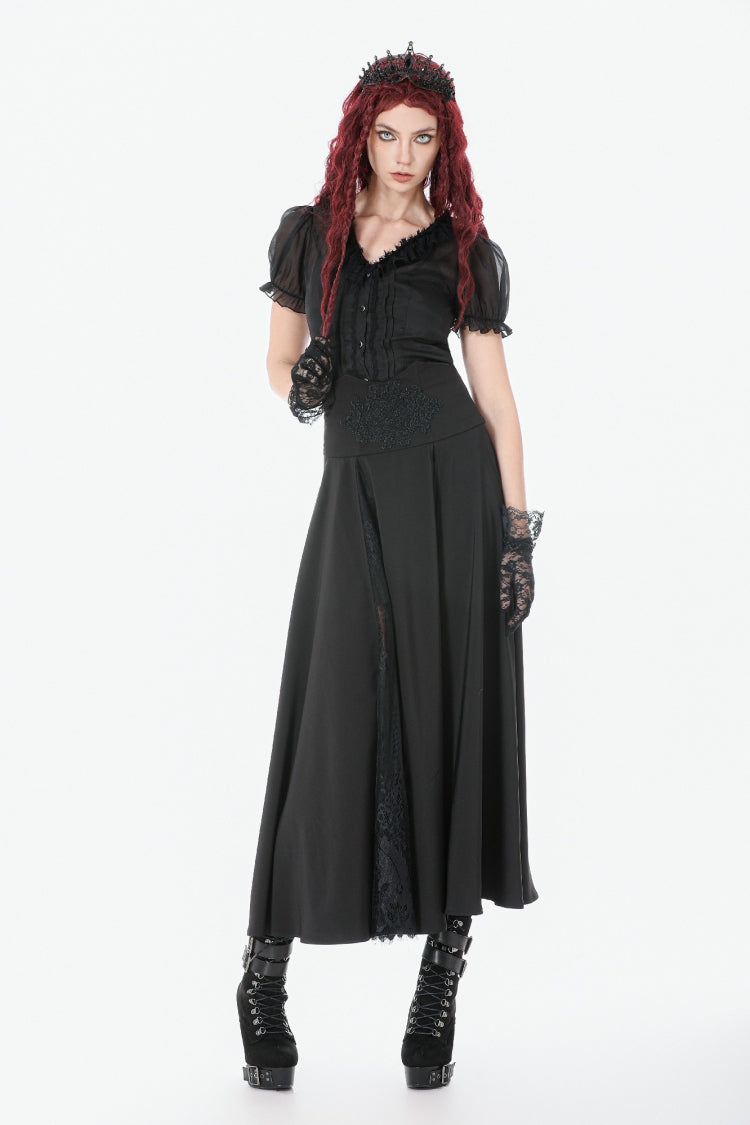 Black High Waisted Floral Printed Lace Mesh Women's Gothic Elegant Long Skirt