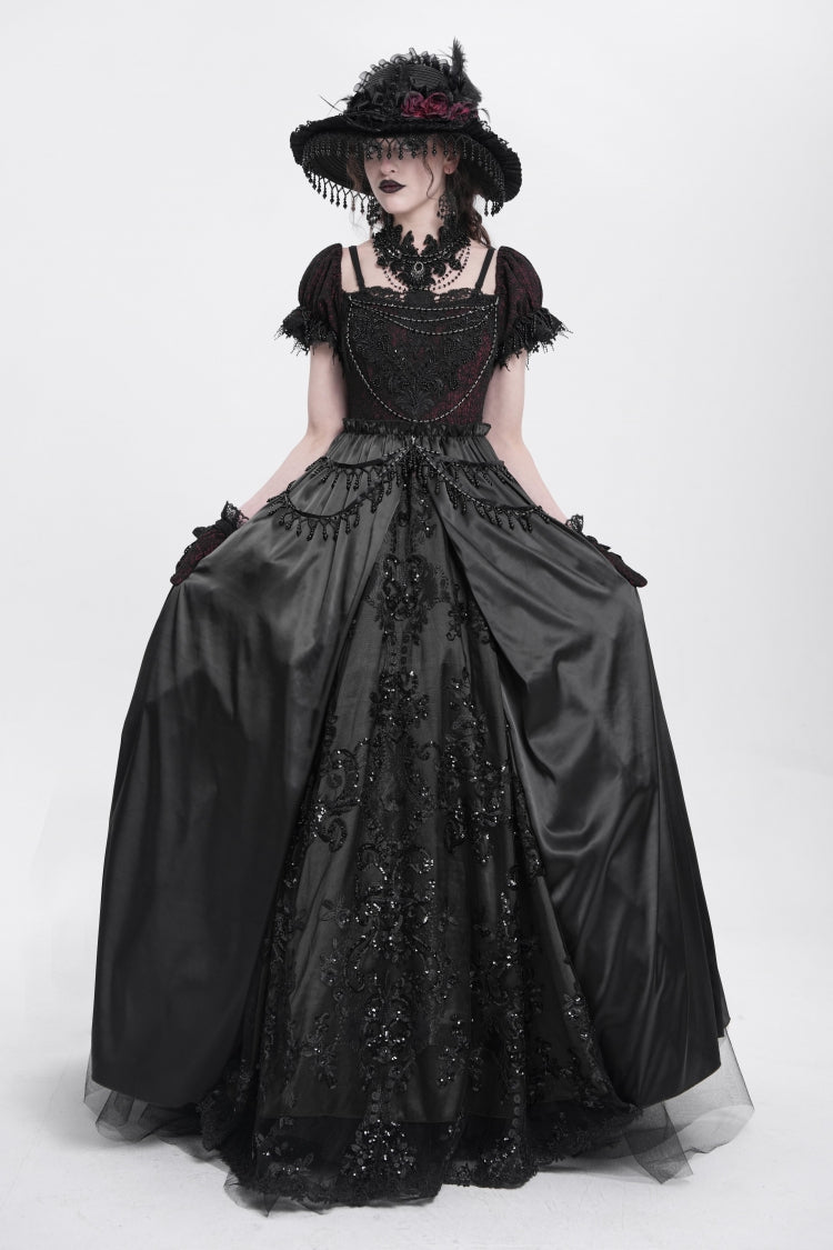 Black Off Shoulder Short Sleeves Jacquard Cardigan Stitching Lace Women's Gothic Dress