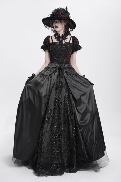 Black Off Shoulder Short Sleeves Jacquard Cardigan Stitching Lace Women's Gothic Dress