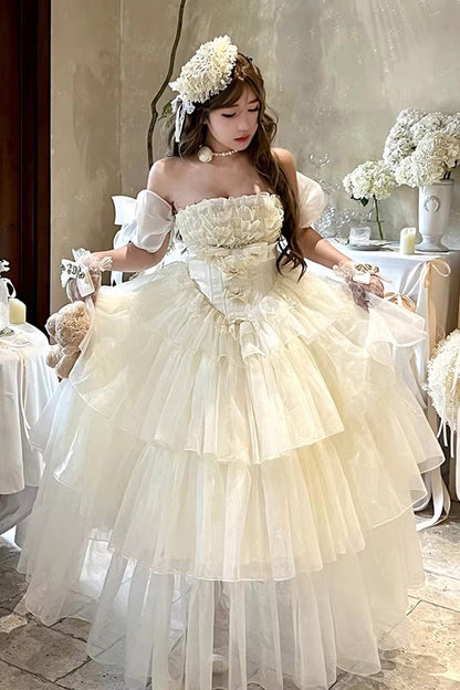 Beige [Mousse Serenade] Triple-Layered Ruffled Hanayome Bow Lace Sweet Princess Lolita Strapless Dress
