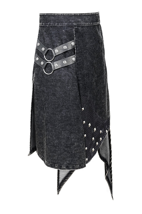 Black Band Metallic Nailed Punk Rock Worn Corduroy Wrapped Mens Skirt With Loops