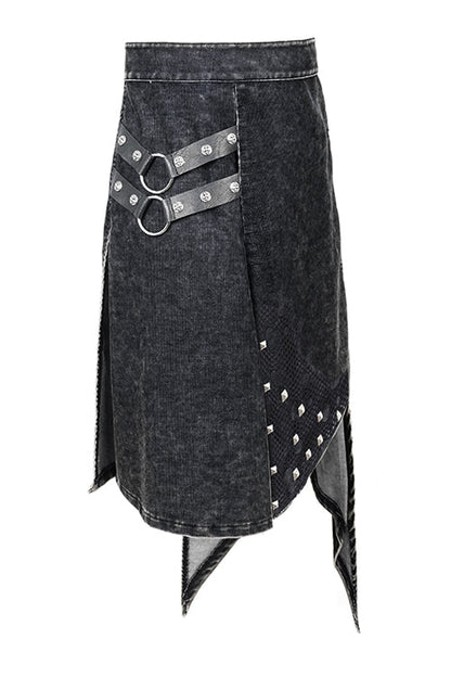 Black Band Metallic Nailed Punk Rock Worn Corduroy Wrapped Mens Skirt With Loops