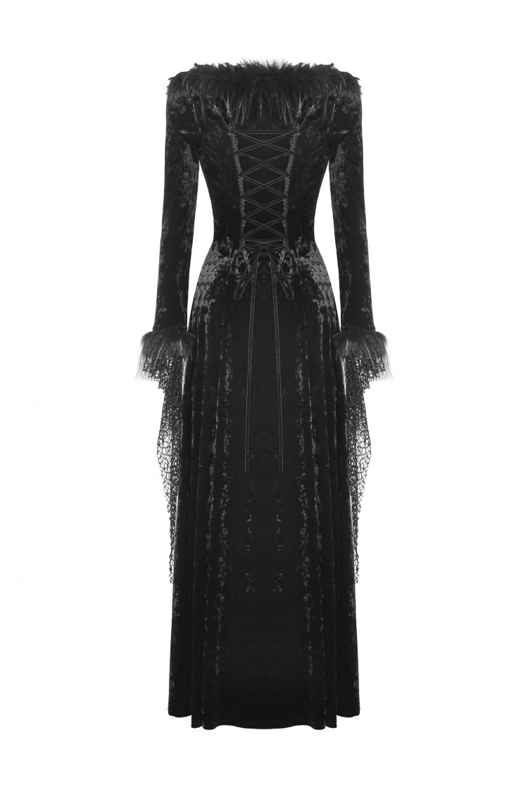 Black Long Sleeves Velvet Lace Women's Gothic Maxi Dress Wedding Dress