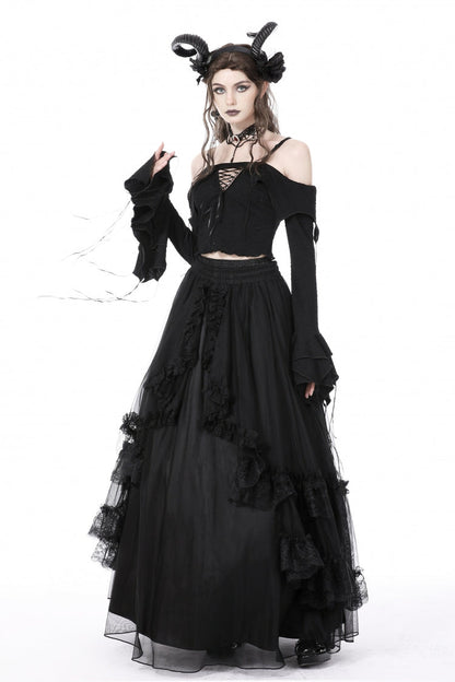Black Off Shoulder Long Trumpet Sleeves Lace-Up Women's Gothic Sexy Crop Top
