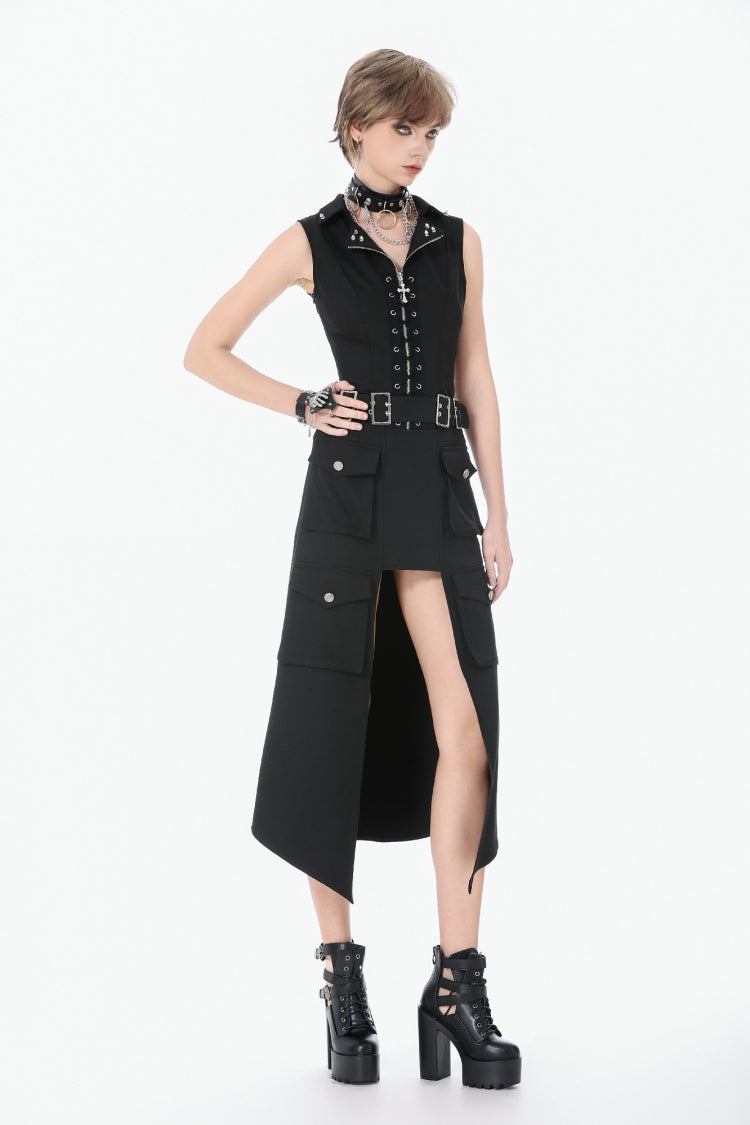Black Lapel Collar Sleeveless Lace-Up Studded Zippered Eyelet Women's Punk Vest