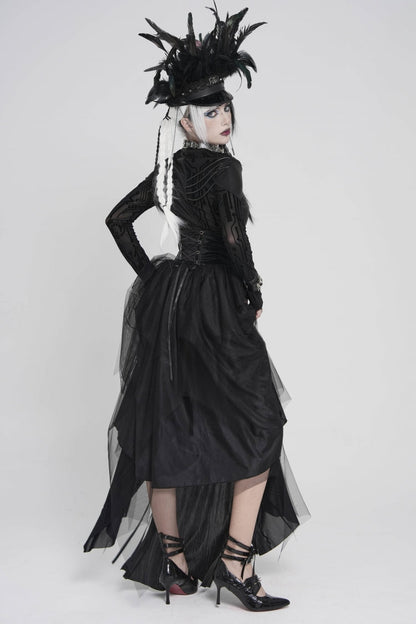Black Multi-Layered Lace-Up Slim Irregular Asymmetric Eyelet Women's Gothic Long  Skirt