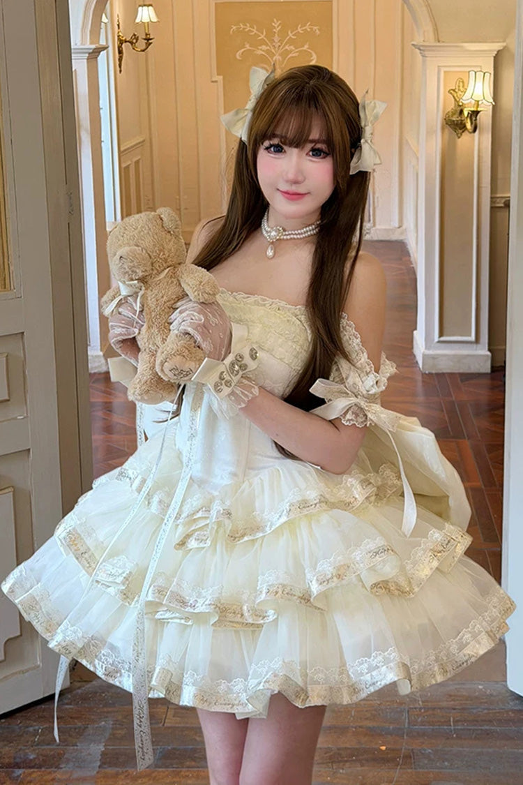 Apricot [Princess Ribbon] Off Shoulder Triple-Layered Ruffle Bowknot Sweet Lolita Dress