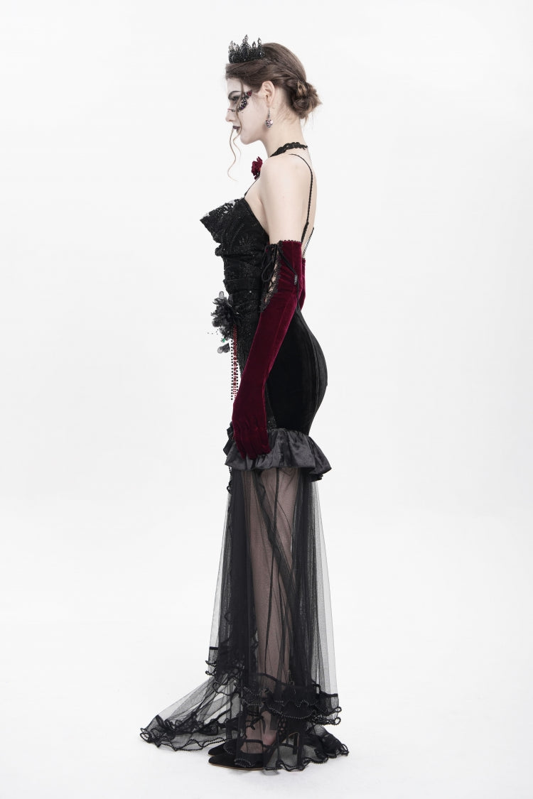 Black Floral Embroidery Mesh Hem Women's Gothic Long Slip Dress