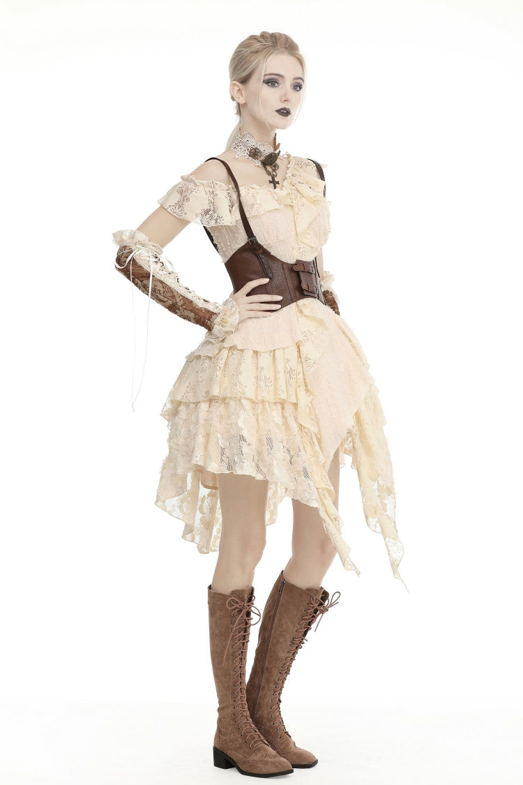 Beige Irregular Multi-Layered Ruffled Lace Women's Steampunk Vintage Dress