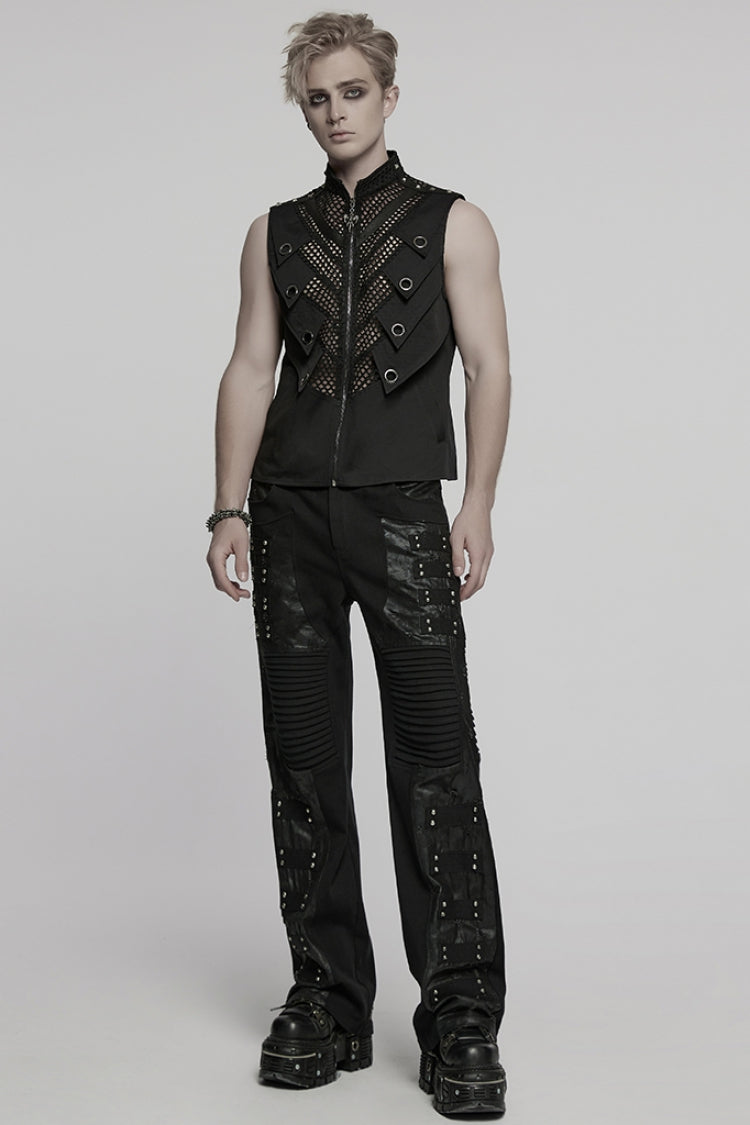 Black Pleated Faux Leather Stitching Men's Punk Straight Pants