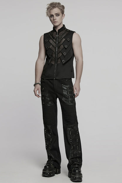 Black Pleated Faux Leather Stitching Men's Punk Straight Pants