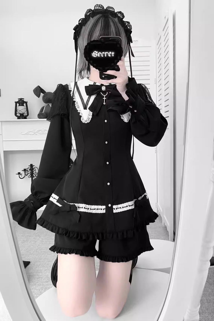 Black Long Sleeves Ruffled Bow Gothic Jirai Kei Dress Shorts