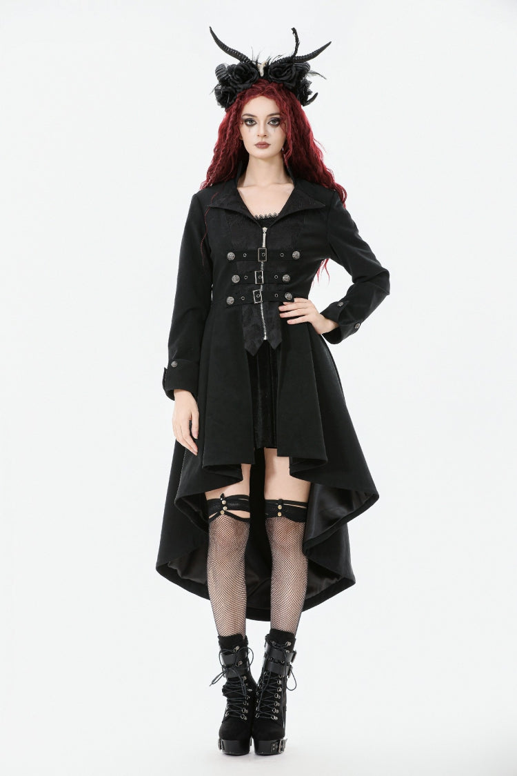 Black Lapel Collar Long Sleeves Lace-Up Irregular Bouble-breasted Buckle-up Women's Gothic Coat