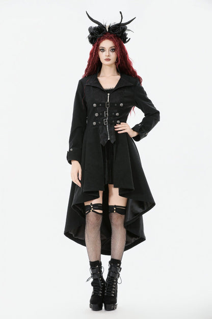 Black Lapel Collar Long Sleeves Lace-Up Irregular Bouble-breasted Buckle-up Women's Gothic Coat