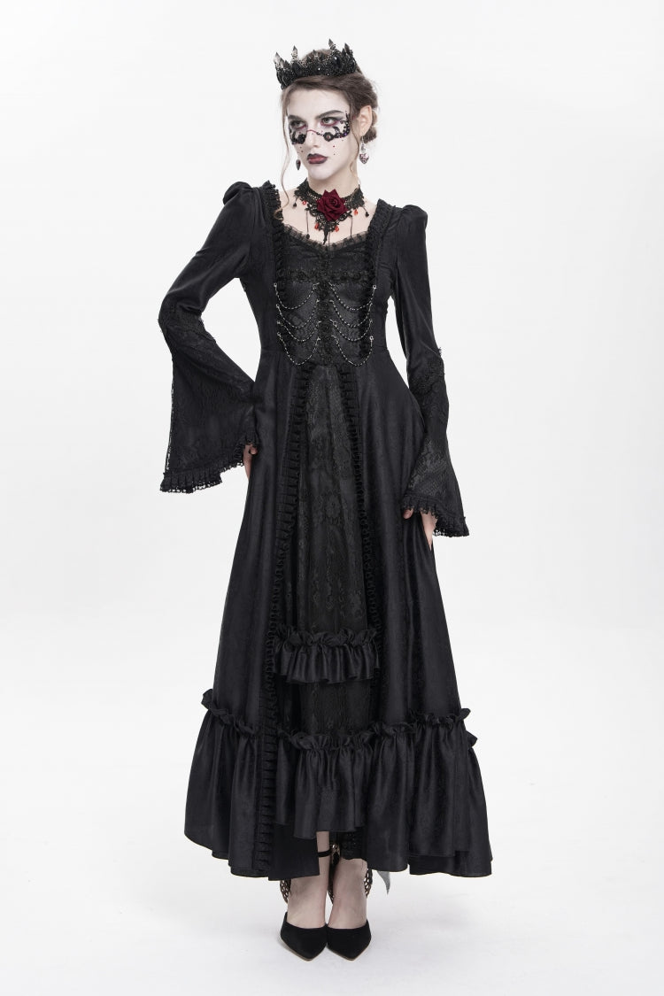 Black Long Sleeves Floral Embroidery Lace-Up Pleated Women's Gothic Dress