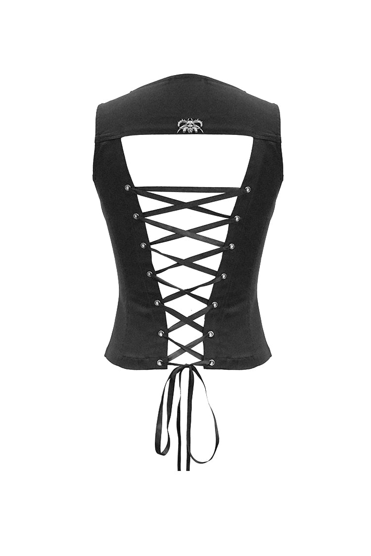 Black Lace Up Double Loops Front Shoulder Backless Women's Punk Waistcoat