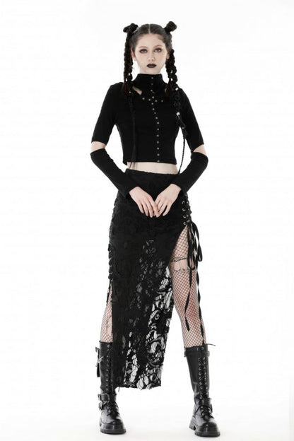 Black Metal Cross Eyelet Long Sleeves Cut-Out Women's Punk Crop Top with Ripped Hood