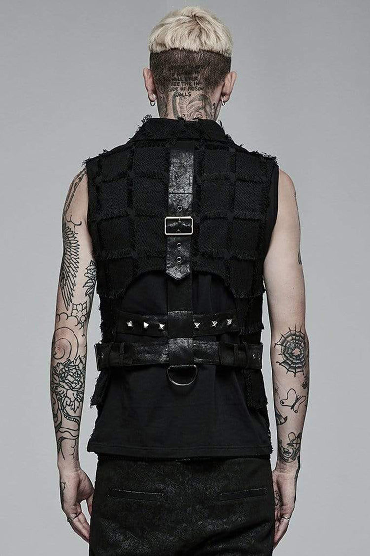 Black Gothic Asymmetrical Decadence Hairy Flu Back Cutout Design Leather Strip Metal Rivets Men's Vest