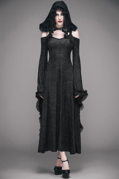 Black Gothic Big Cuffs Stretchy Floral Off The Shoulder Hooded Long Womens Dress