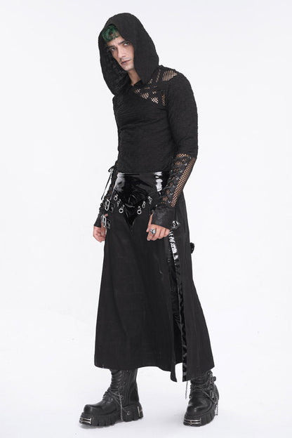 Black Lace Up Mesh Splice Long Sleeve Men's Punk Hoodies