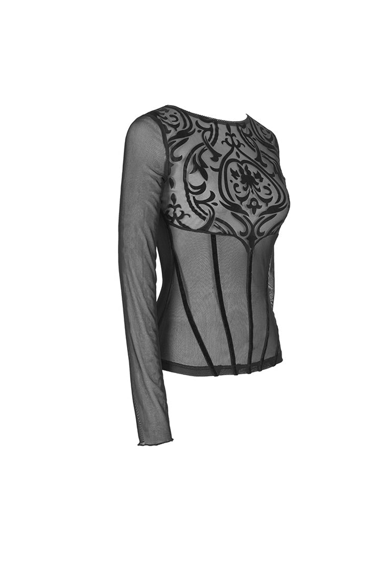 Black Flower Pattern False Girdle Mesh Long Sleeve Women's Gothic T-Shirt
