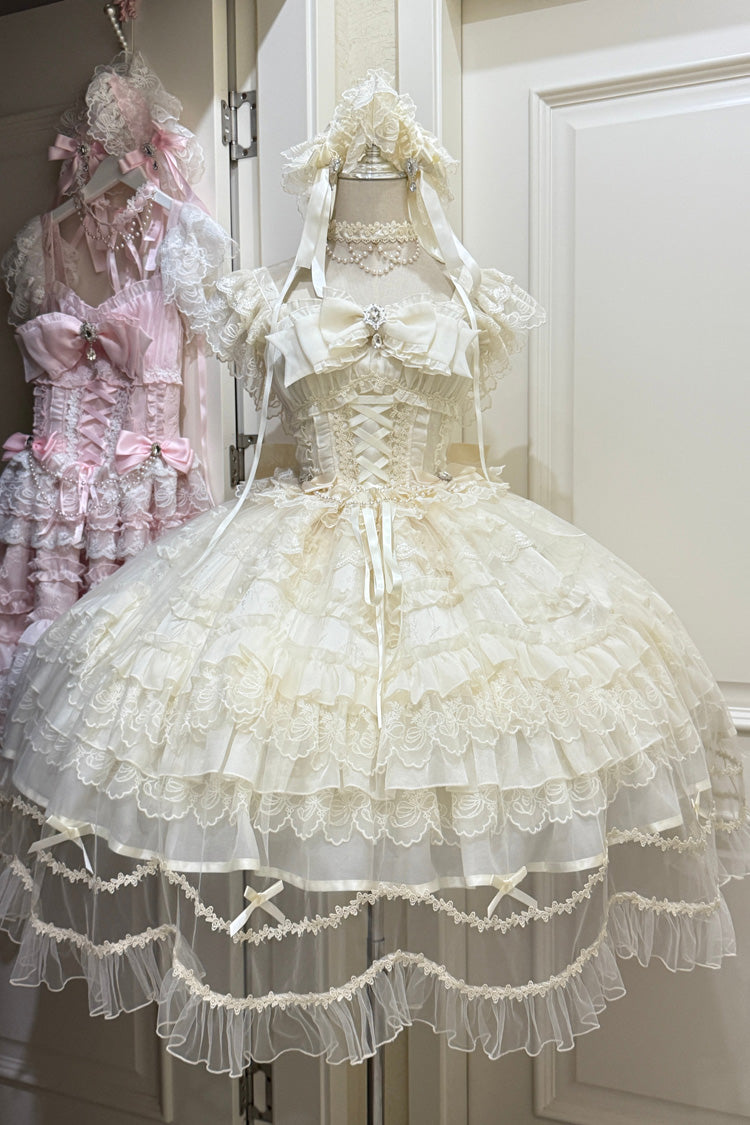 Apricot [Eternal Vow] Sleeveless Multi-Layered Ruffle Hanayome Bowknot Lace Lace-Up Sweet Lolita Jsk Dress
