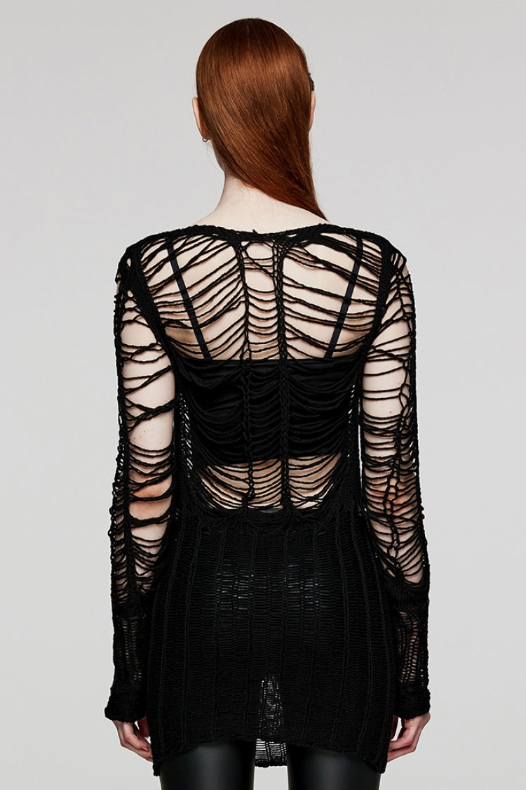 Black Long Sleeves Hollow Sheer Ripped Women's Steampunk Long Sweater