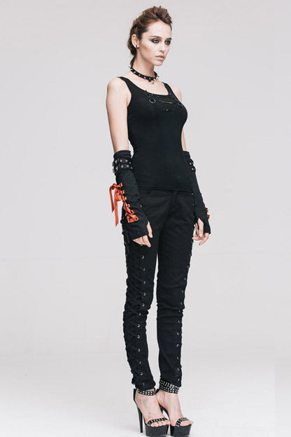 Black Lace Up Punk Classic Stretchy Womens Pants