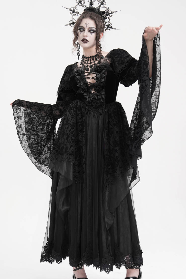 Black Crochet Long Sleeves Hanayome Lace Women's Gothic Dress