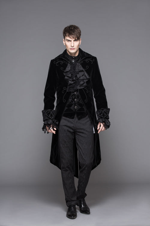 Black Hand Embroidered Fake Two Pieces Long Sleeves Velvet Mens Gothic Coats