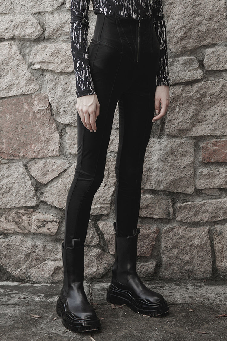 Black Bat Embroidered Waist Elastic Fine-Grained Fluff Metal Zipper Design Tight Women's Punk Leather Pants