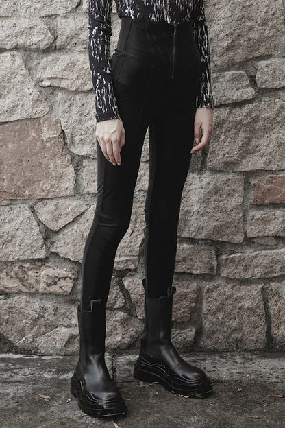 Black Bat Embroidered Waist Elastic Fine-Grained Fluff Metal Zipper Design Tight Women's Punk Leather Pants