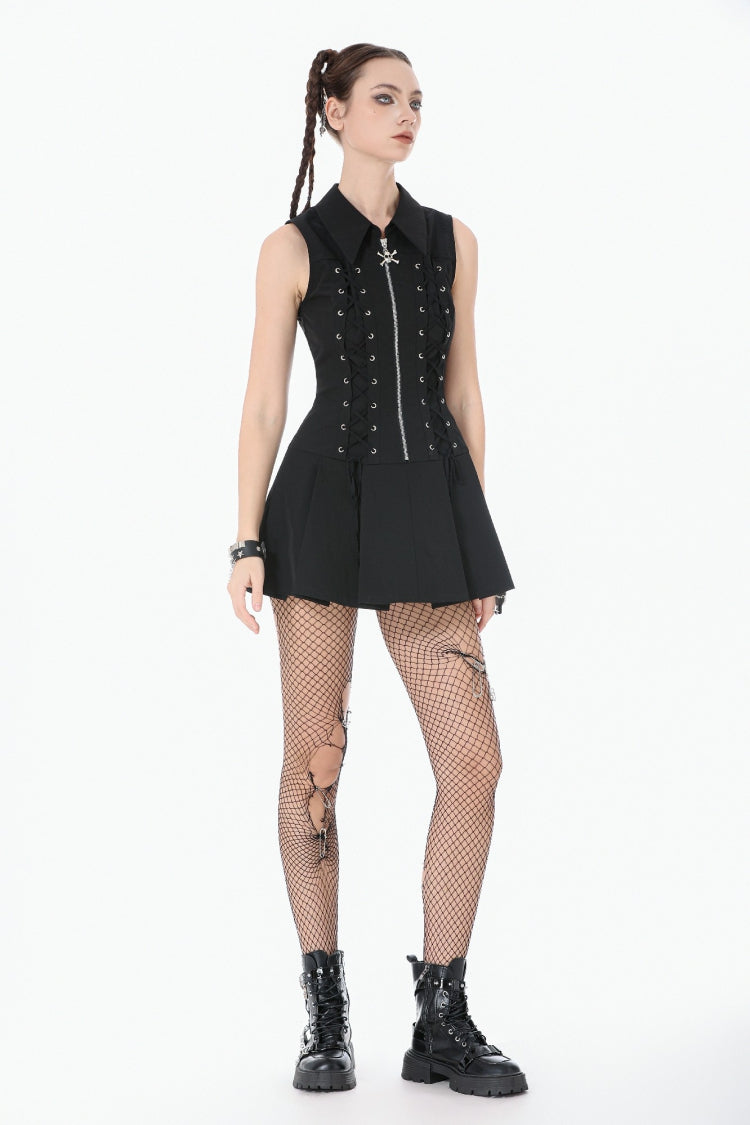 Black Point Collar Sleeveless Skull Zip Women's Punk Dress