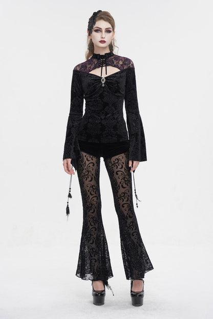 Black Cutout Flared Sleeved Floral Embossed Women's Gothic Shirt