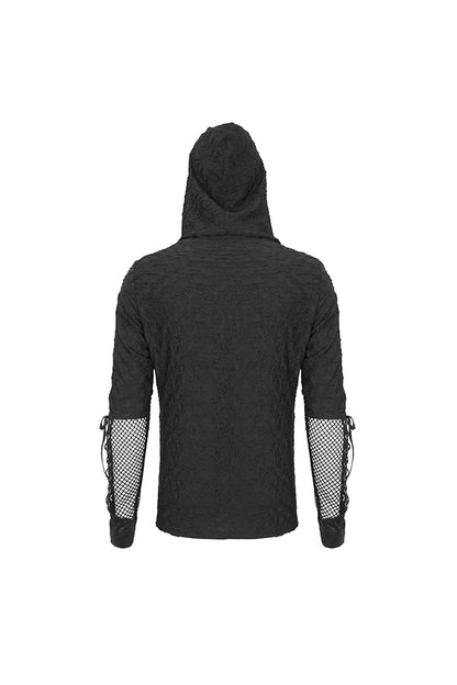 Black Lace Up Mesh Splice Long Sleeve Men's Punk Hoodies