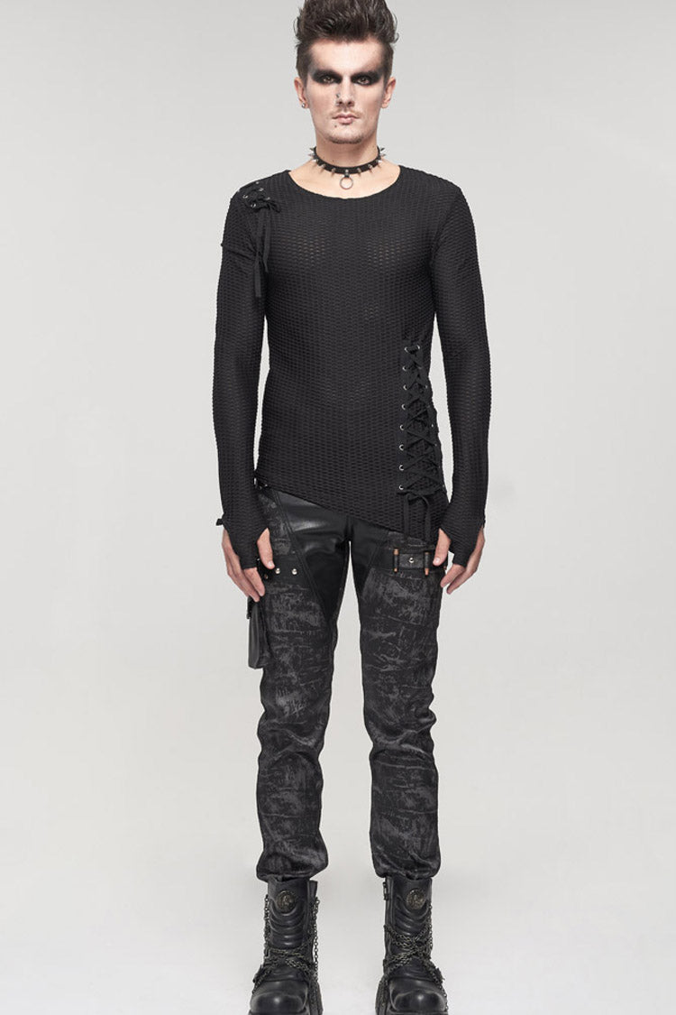Black Gothic Asymmetry Drawstring Decoration Coarse Net Men's Shirt