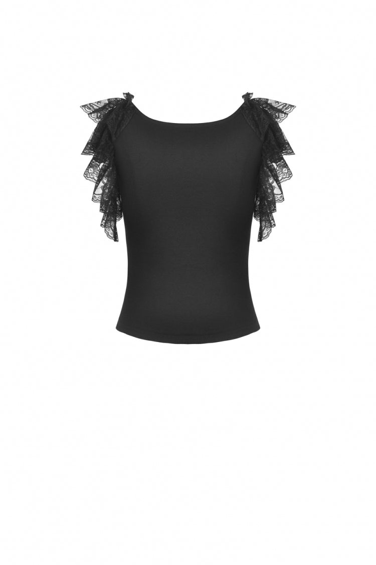 Black Plunging V Collar Short Sleeves Ruffled Lace Sexy Women's Gothic Crop Top